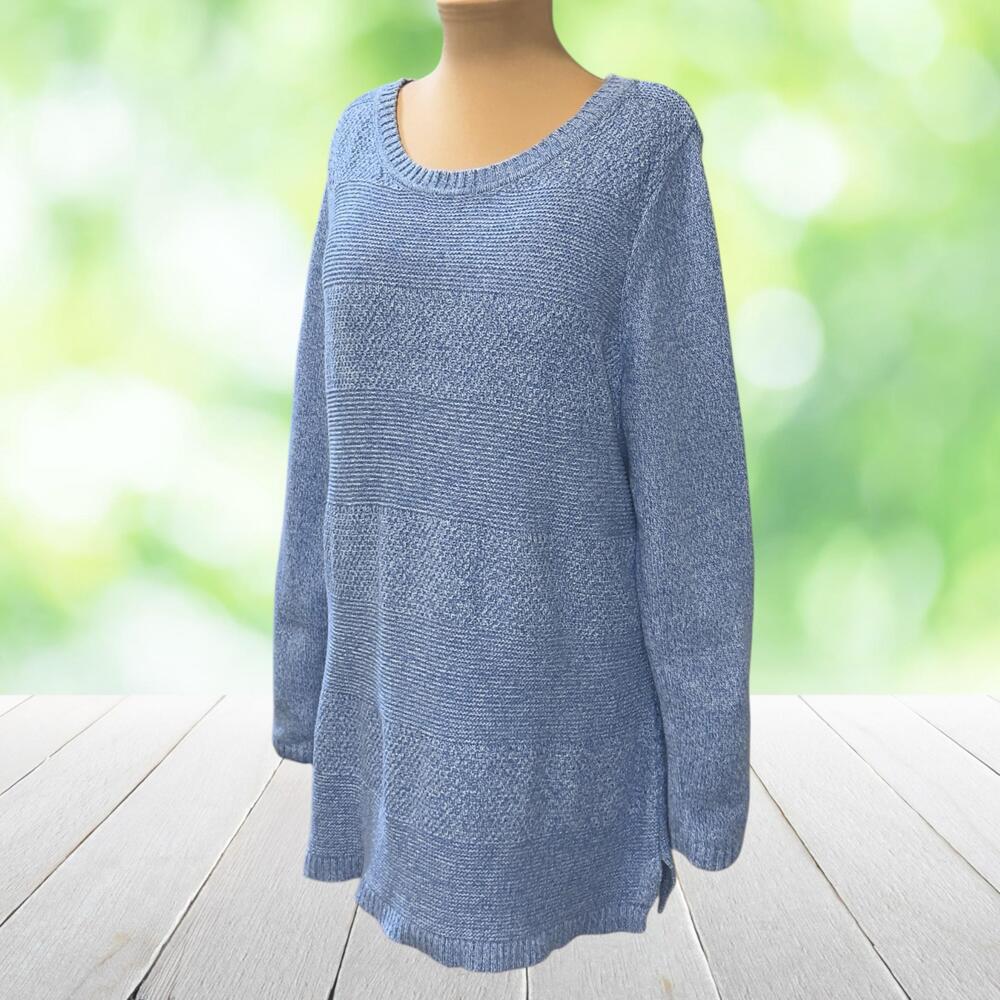 TALBOTS Tunic Sweater 100% Cotton Textured Knit Stripe Long Sleeve Blue Size L
